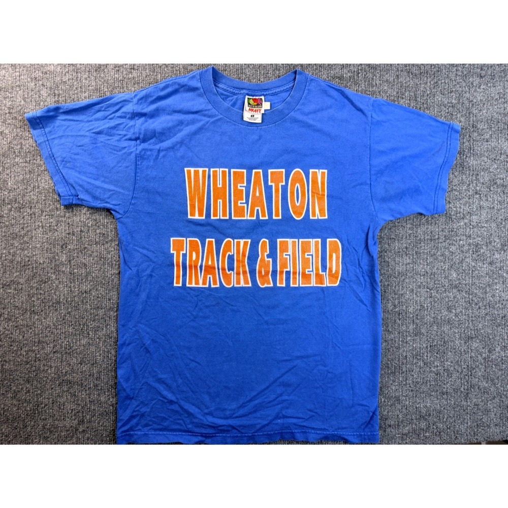 Vintage Fruit of the Loom Wheaton Track Field Shirt Mens M Blue Graphic Tee Y2K